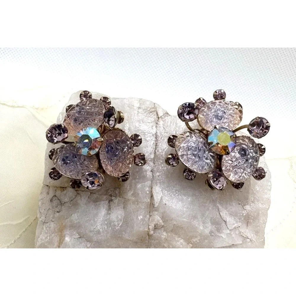Vintage 1950s MCM Pink Lavender Rhinestone Brooch Clip On Earrings Matching‎ Set